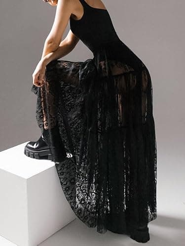 Mumaroho Women Sexy High Waist Solid A-line Cover Ups Beach Sheer Mesh Lace Maxi Skirt Without Lining thumbnail 6
