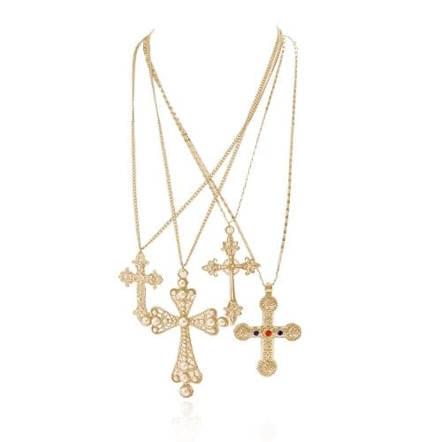 Cross Pendant Necklace Set for Women Punk Grunge Imitation Pearl Cross Layered Chain Necklace Statement Y2K Jewelry - Image 1