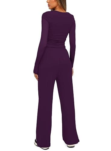 Darong Women's 2 Piece Lounge Sets 2025 Fall Travel Outfits Long Sleeve Wide Leg Pants Casual Matching Sets thumbnail 2