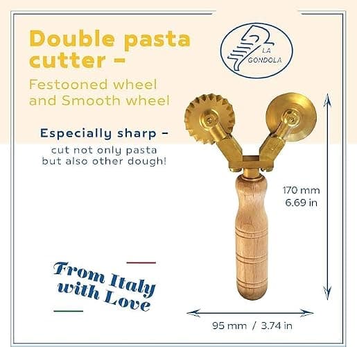 La Gondola Homemade Pasta Cutter - Double Wheel (Festooned & Smooth) | Pasta Making Tool for Home and Business | Brass & Natural Wood | Easy to Use Pasta Cutting Tool | Ravioli Cutter Made in Italy thumbnail 3