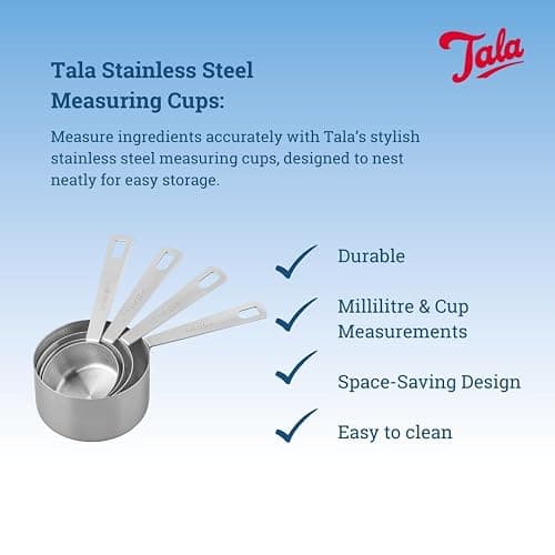 Tala Stainless Steel Measuring Cups, Set of 4, Measurements in Millilitres and Cups, Nest Neatly for Storage, Metallic Silver thumbnail 2
