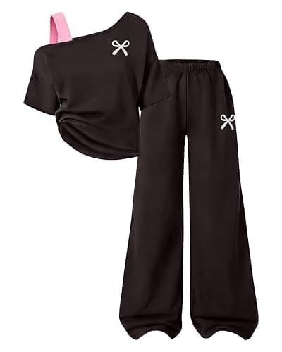 Kxuryueo Teen Girls Clothes Off the Shoulder Top and Wide Leg Pants Matching Outfit Set with Pockets Size 7-16 - Image 1