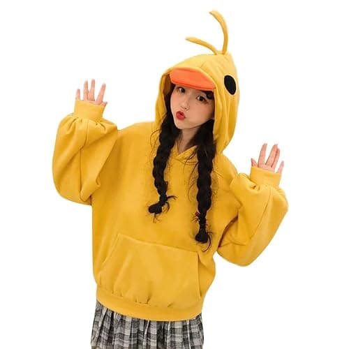 Women Kawaii Duck Cartoon Hoodies Long Sleeve Cute Tops Emo Clothes Yellow Casual Soft Pullover with Pockets - Image 1