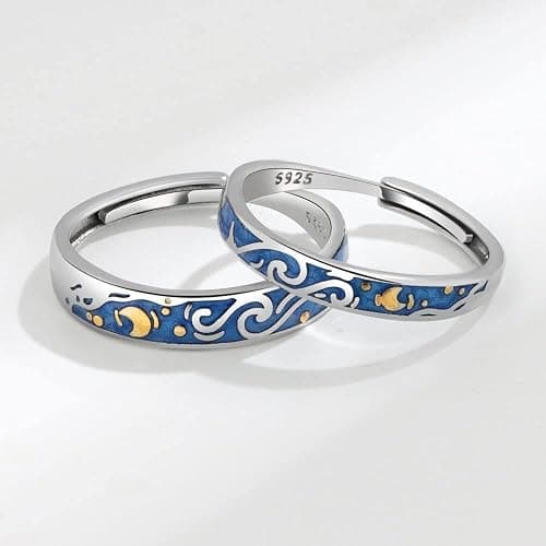 Lnnmomn 2pcs Vintage Style Van Gogh Starry Sky Couple Rings Starry Night Van Gogh Open rings for Women Vintage Silver Adjustable Gifts Jewelry thumbnail 4