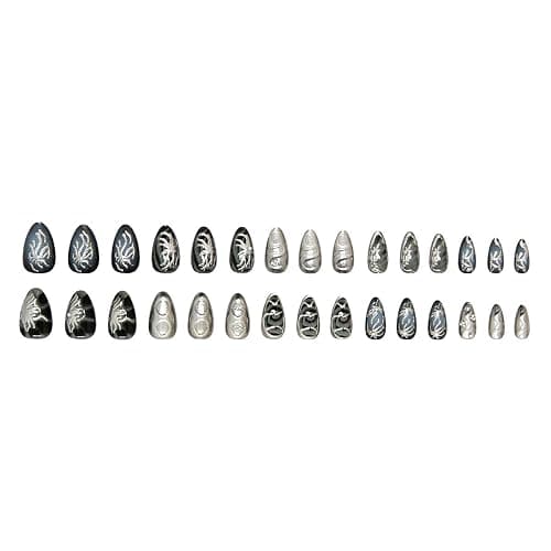 30Pcs Goth Press on Nails Medium Almond Fake Nails 3D Silver Alloy Chrome Glitter Design Y2k Glue on Nails Full Cover Glue on Nails Reusable Handmade Nails Black False Nails for Women Acrylic Nails thumbnail 5