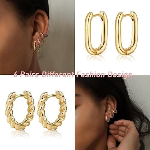 14K Gold Hoop Earrings for Women Lightweight Chunky Hoop Earrings Multipack Hypoallergenic, Thick Open Twisted Huggie Hoops Earring Set Jewelry for Gifts thumbnail 4