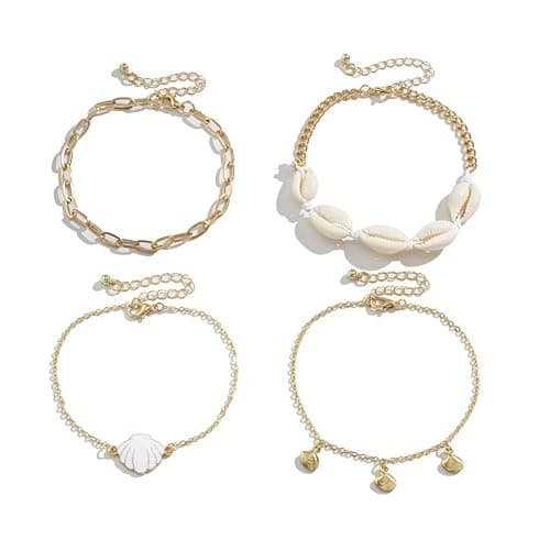 Rrdaily 4 Pcs Natural White Shell Anklet Set for Women,Handmade Adjustable Conch Anklet Set Beach Jewelry Gift thumbnail 8