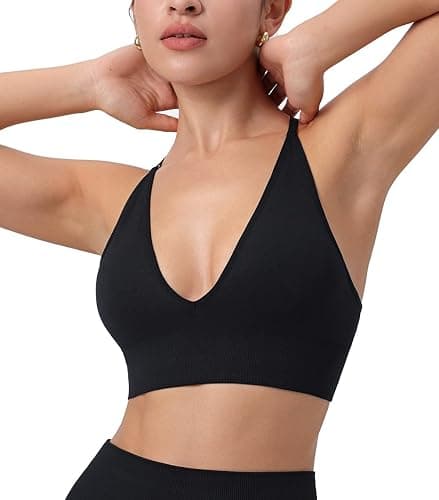 Womens Deep V-Neck Longline Sports Bra, Strappy Criss Cross Padded Cups Adjustable Spaghetti Straps Workout Yoga Crop Top thumbnail 4