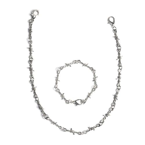 KESOCORAY Punk Gothic Thorns Metal Barbed Wire Chain Necklace Bracelet Silver Jewelry for Men Women - Image 1