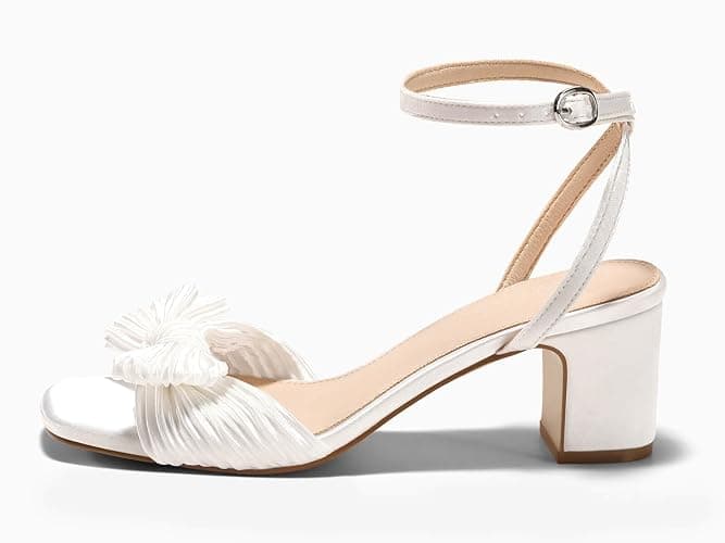 Coutgo Womens Bow Heels Sandals Block Low Heel Wedding Bride Dressy Shoes Open Toe Ankle Strap Sandals thumbnail 4