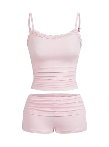 Hilinker Womens Sexy Pajama Set 2 Piece Lace Trim Cami Crop Tops and Ruched Shorts Summer Cute Pjs - Image 1