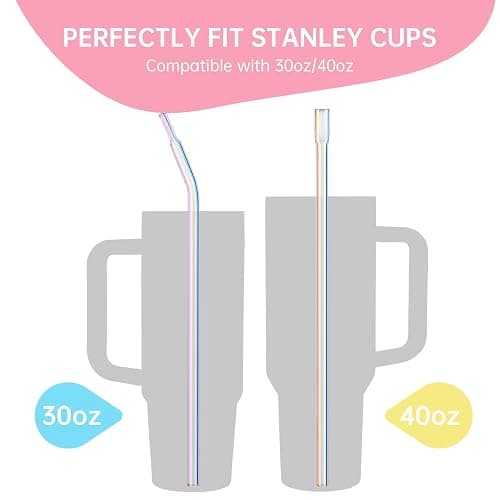 NiHome 6PCS 12" Iridescent Glass Anti-Wrinkle Flat Tip Straws for Stanley 30 & 40 oz Tumblers, Lip-Friendly Straight & Curved Borosilicate Glass Reusable Straws for Cold & Hot Drinks, Dishwasher Safe thumbnail 6