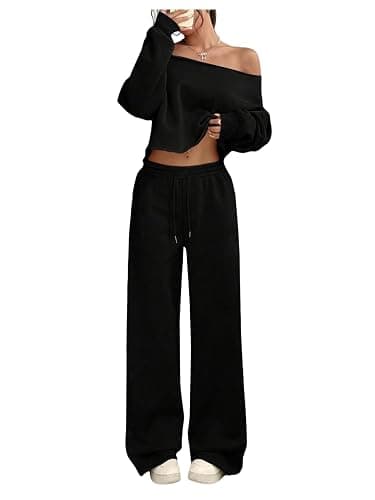 SOLY HUX Women's 2 Piece Outfits Fall Sweatsuits Off The Shoulder Crop Top Wide Leg Sweatpants Casual Matching Lounge Sets - Image 1