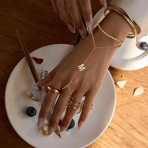 Ascona Initial Hand Chain Bracelet for Women-14K Gold Plated Ring Bracelet Hand Chain for Women Trendy,Dainty Letter A-Z Link Charm Stack Bracelets Set Jewelry Gifts thumbnail 4