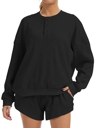 AnotherChill Women's Waffle Knit 2 Piece Lounge Short Sets Cozy Outfits | 95% cotton oversized sweatshirt high-rise shorts, breathable casual comfy matching sets for loungewear spring and fall - Image 1