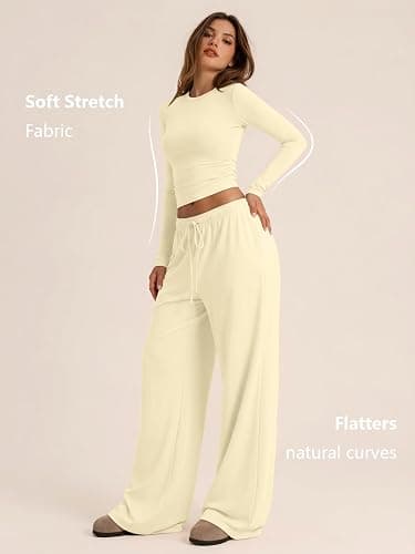 Trendy Queen Women's 2 Piece 2026 Fall Fashion Lounge Set with Pockets | Airport Outfit, Athleisure Workout Set, Fall Wardrobe Staple, Winter Style, Side-Ruched Top, Drawstring Wide-Leg Pants thumbnail 3