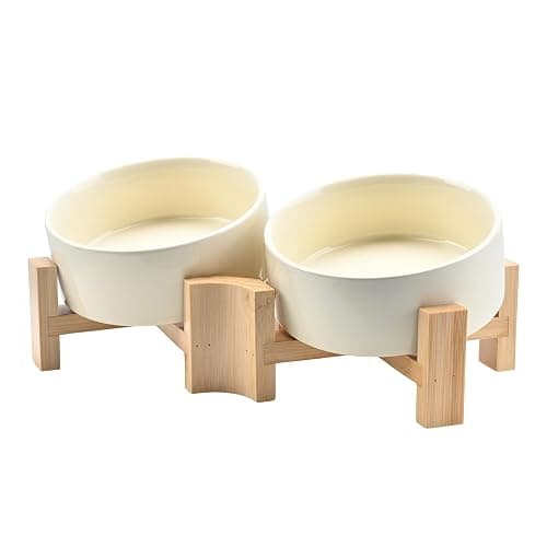 SPUNKYJUNKY 15° Slanted Ceramic Dog Bowl with Elevated Bamboo Stand - Tilted Pet Feeder for French Bulldog Pugs No Slip Anti-Vomiting for Cat Small Dog Flat Face Pets 13.5 OZ (1.7 Cups, Beige × 2) thumbnail 2