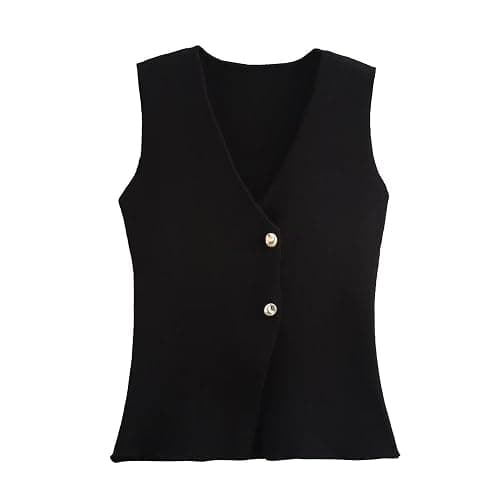 FindThy Women’s Cropped Knit Vest V Neck Button Up Solid Color Sleeveless Gilet Tank Tops - Image 1