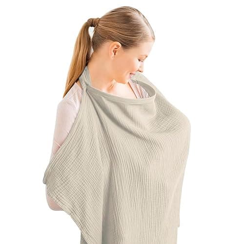 Aolso Breastfeeding Cover Nursing Cover, Muslin Cotton Soft Breathable Nursing Cover, Adjustable Strap Breast Feeding Coverall for Car Seat Blanket and Stroller Coverall (Khaki) - Image 1