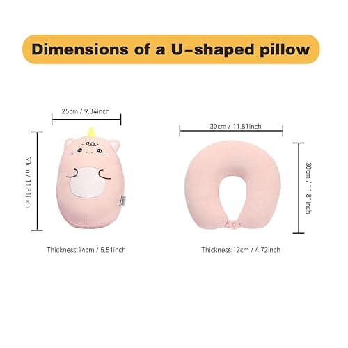 stocaggio Kids Travel Pillow - 2-in-1 Deformable Kids Neck Pillow for Traveling, Soft U-Shaped Pillow with Adorable Animal Design, Comfy Sleep and Play, Ideal for Airplanes and Cars - Pink Unicorn thumbnail 2