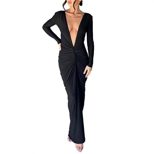 Geagodelia Robe Femme Maxi-Longue Sexy Moulante à Manches Longues, Robe de Soirée Col Deep V ou Dos Nu avec Deux Moyens à Porter thumbnail 3
