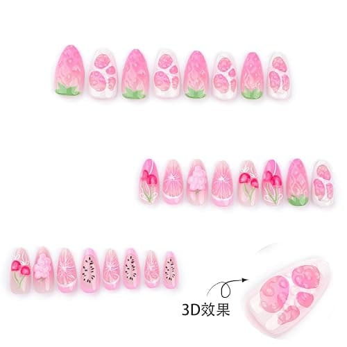 24Pcs Summer Fruit Press on Nails Almond Long Fake Nails with 3D Cherry Strawberry Designs Glossy Pink False Nails Summer Glue on Nails Full Cover Acrylic Stick on Nails for Women Girls DIY Decoration thumbnail 4