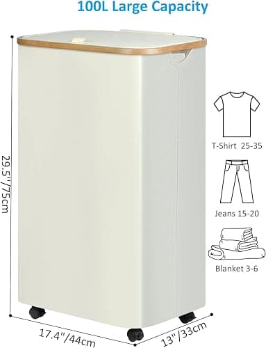efluky Laundry Basket with Wheels, Tall Rolling Laundry Hamper with Lid and Removable Bag, Aesthetic Dirty Clothes Hamper on Wheels for Laundry Room, Bedroom, Dorm and Bathroom, 100L Beige - Beige - 100L thumbnail 4