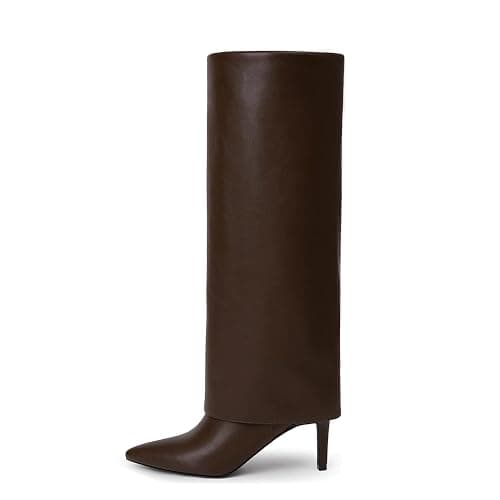 VIUGJNEX Knee High Boots Women Fold Over Boots Pointed Toe Stiletto Heel Long Shark Tall Boots with Zipper thumbnail 4