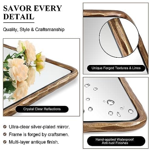 ANDY STAR Hand-Forged Gold Bathroom Mirrors for Wall, 24x36 Inch Vintage Solid Steel Metal Frame Bathroom Vanity Mirror, Antique Rounded Rectangle Wall Mirror, Hangs Horizontally or Vertically thumbnail 5