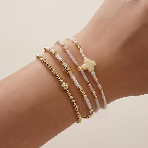 EQUBIO Gold Beaded Bracelet for Women，14K Plated Stackable Beaded Bracelet Set，Handmade Adjustable Waterproof Beaded Jewelry，Fashion Jewelry Set Gifts for Women Birthday Friendship thumbnail 6
