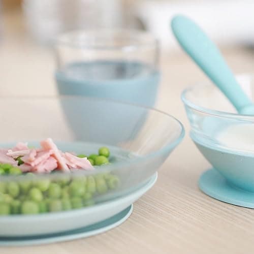 BEABA 3-Piece Glass Meal Set with Silicone Suction, Toddler Plate and Baby Bowls with Suction, Non Slip Kids Dinnerware Set, 2.5x Stronger than Regular Glass, (Rain) thumbnail 4