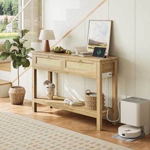 SUPERJARE Rattan Console Sofa Table with Outlets and USB-C Port, 2 Drawer Entryway Table with Synthetic Rattan Surface, 39 Inch, Open Shelf, Behind Couch Entry Foyer Hallway Storage, Natural thumbnail 8