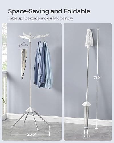 SONGMICS Clothes Drying Rack, 59-Inch Folding Laundry Drying Rack with 3 Rotatable Arms for Hangers, 4 Legs, Stainless Steel, for 27 Pieces of Clothes, White and Silver ULLR510W01 thumbnail 3