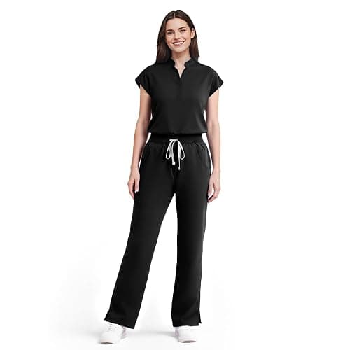 Dvoliaw Women's Sleeveless Scrub Set,9-Pocket Straight Leg, Yoga Waist | Stand-up collar top, straight leg pants w/ side slits. Soft stretch knit. Yoga waist. Wrinkle-free. For nurses/docs/vets. - Image 1
