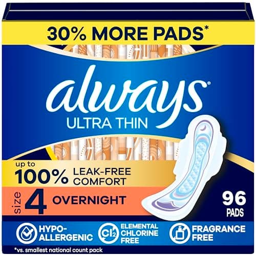 Always Ultra Thin Feminine Pads with Wings for Women, Size 4, Overnight Absorbency, Unscented, Up to 100% Leak-Free Comfort, 96 Count - Image 1