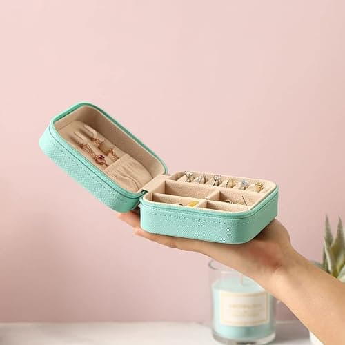 ZPROW Travel Jewelry Case, Mini Portable Jewelry Travel Boxes, Small Jewelry Organizer for Rings, Earrings, Pendants, Watches, Necklaces, Lipsticks Organizer Storage Holder Case (Cyan Blue) thumbnail 2