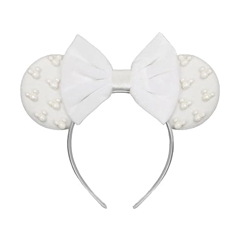 JIAHANG Velvet Mouse Ears Headband with Beads, White Hair Bow Hairband with Pearls, Party Decoration Headwear Hair Accessories for Women Girls - Image 1