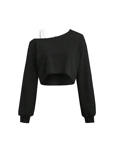 Remidoo Off The Shoulder Tops for Women Cropped Sweatshirt Long Sleeve Top Asymmetrical Patchwork Shirt - Image 1