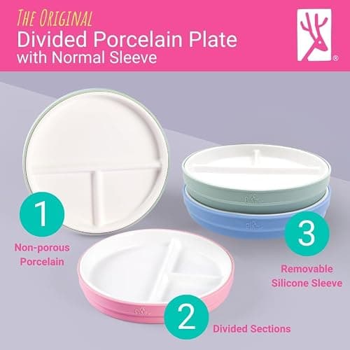 Elk and Friends Kids 6.7” Porcelain Divided Plates with Silicone Sleeves | Suitable for Babies/Kids/Toddlers | Microwave & Dishwasher Safe | Non Slip | Snack Dishes thumbnail 4