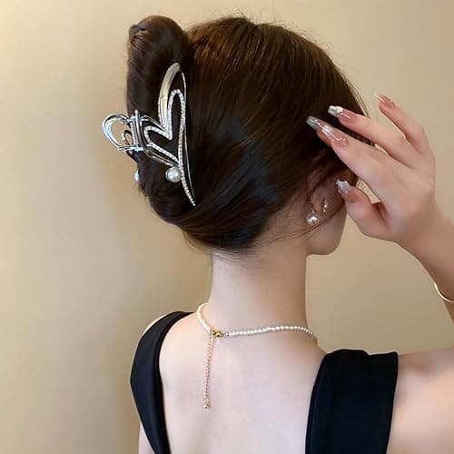 Valentine’s Day Heart Hair Clips for Women, 1Pcs Sliver Heart Rhinestone Pearl Design Hair Claw Clips Large Strong Hold Metal Hair Catch Clip Shiny Nonslip Valentines Party Hair Decoration Accessories thumbnail 6