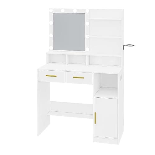 Hzuaneri Vanity Desk with Mirror and 10 LED Lights, Power Strip Makeup Vanity with 3 Shelves, Dressing Table with Drawers & Cabinet, 3 Adjustable Lighting Brightness, White DT34303XCA thumbnail 6