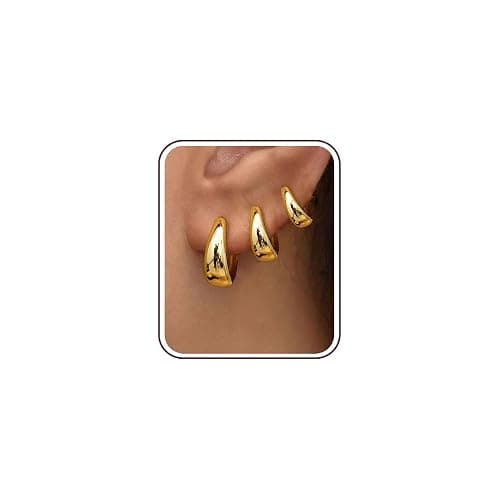 3 Pairs Gold Hoop Earrings Set for Women Trendy Chunky Small Huggie Jewelry | 14K Real Gold Plated Hypoallergenic Earrings for Sensitive Ears Non Tarnish, Stacks for Multiple Piercings Women Gifts thumbnail 7