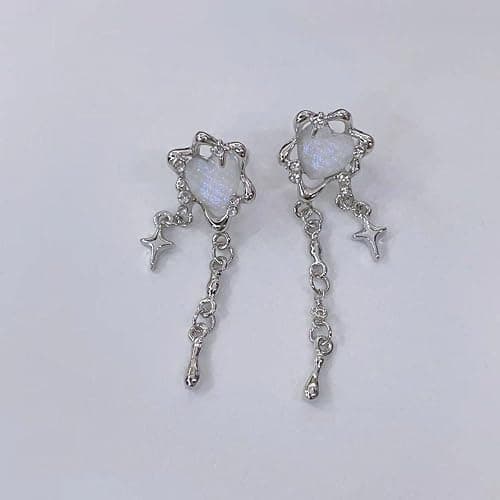 Moonstone Heart Stainless Steel Earrings For Women Teen Girls Tassel Silver Star Dangle Earrings Dangling Y2k Earinging Earrings thumbnail 2