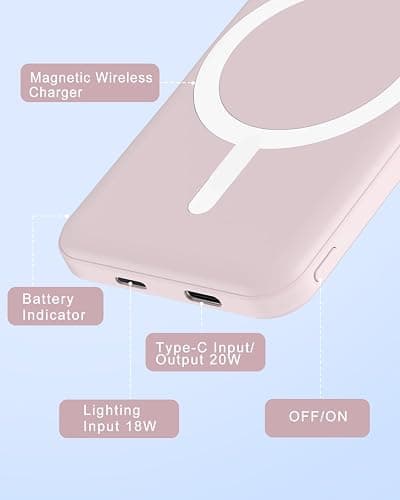 podoru for Magsafe Battery Pack, 5000mAh Magnetic PowerBank with Type-C Cable 20W PD Fast Charging Lighting Input Wireless Charger for iPhone 17/16/15/14/13/12/ All Series-Light Pink thumbnail 5