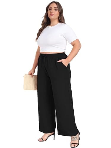 Lastshe Women's Plus Size Wide Leg Pants High Waist Loose Casual Palazzo Trousers with Pockets Spring Clothes thumbnail 7