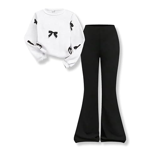 Voxikidio Girls 2 Piece Outfits Long Sleeve Butterfly Sweatshirt & Flared Pants Fall Clothing Set Size 7-12 Years - Image 1