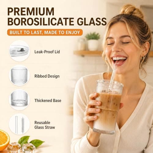 4 Pack 20oz Ribbed Glass Tumblers with Lids, Straws & Cleaning Brushes, Thickened High Borosilicate Reusable Iced Coffee Cups, Leak-Proof for Smoothies, Cocktails, Home & Office thumbnail 2