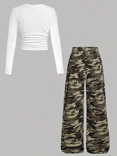 Azmxynol Girls Clothes 2 Piece Outfit Ribbed T-Shirt Top + Cargo Pants, Girls Fall Clothing Set, Sizes 5-16 Years thumbnail 7