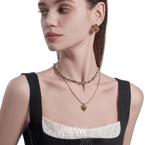 MASW Retro temperament brown beaded collarbone chain fashionable heart-shaped tiger eye stone pendant necklace personality double layer necklace exquisite women's accessories M2730001 thumbnail 3