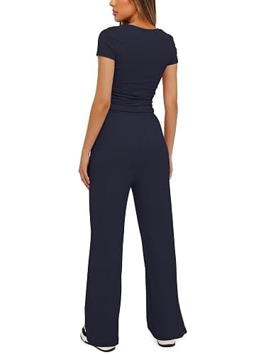 Darong Women's 2 Piece Set Outfits Lounge Sets Ruched Short Sleeve Tops High Waisted Wide Leg Pants Tracksuit Sets thumbnail 2